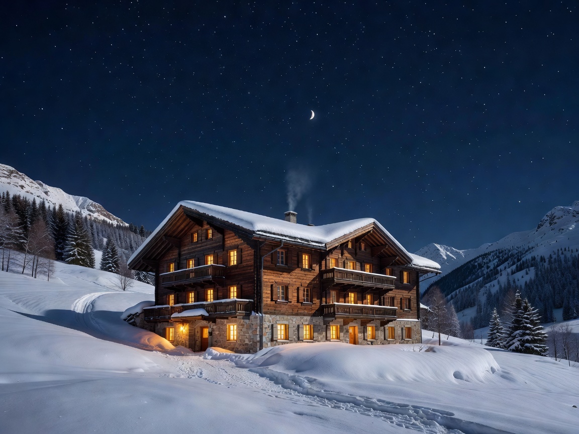 A cosy alpine-style hotel with warm lit windows surrounded by snow at night