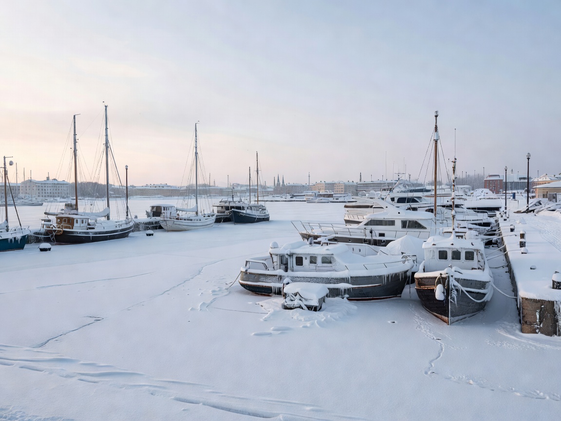 A frozen harbour in Helsinki with snow-covered boats and pale winter light