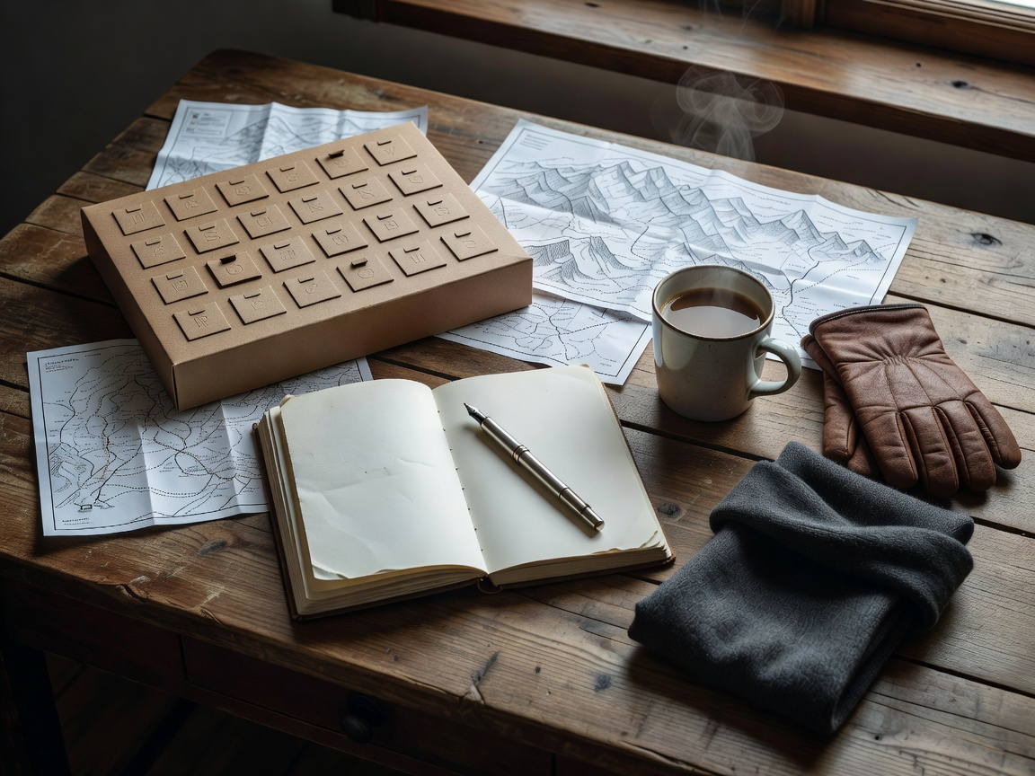 An advent calendar and travel notebook laid out on a wooden desk while planning a winter trip