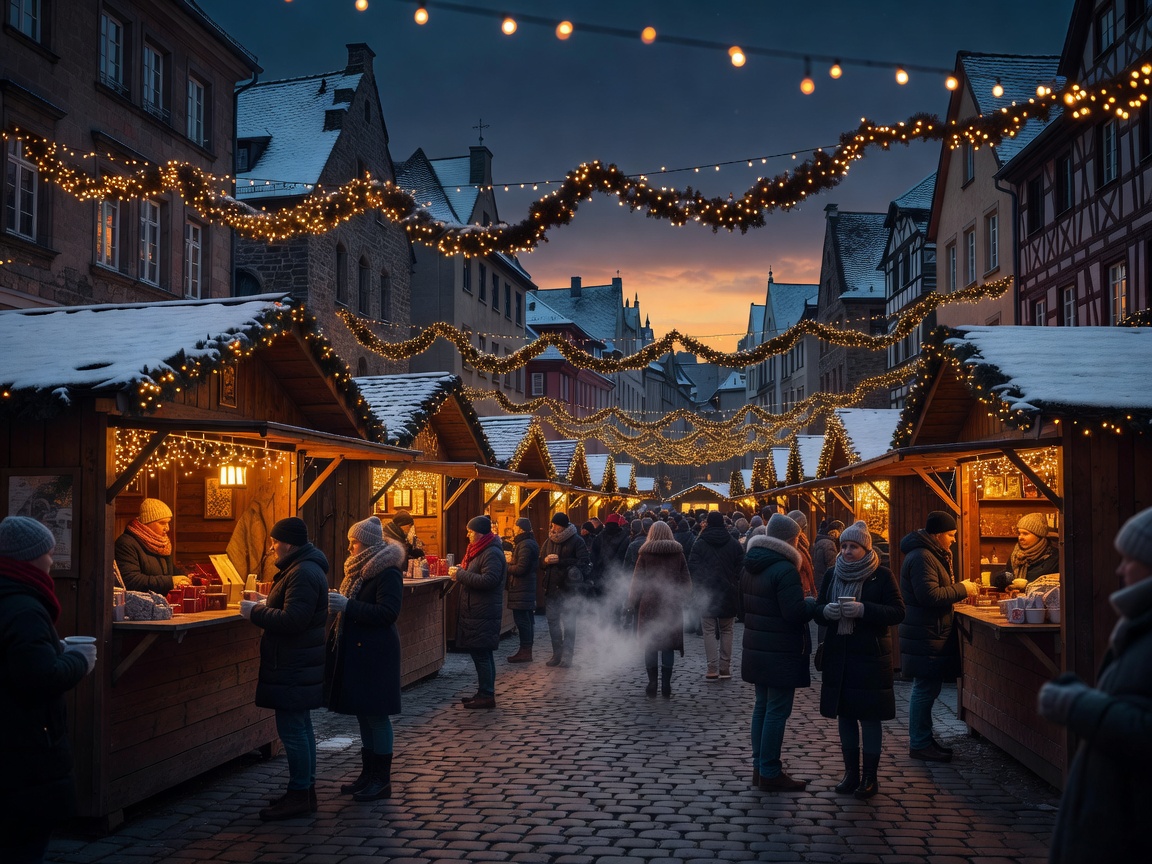 Illuminated wooden stalls and string lights in a European Christmas market square at dusk