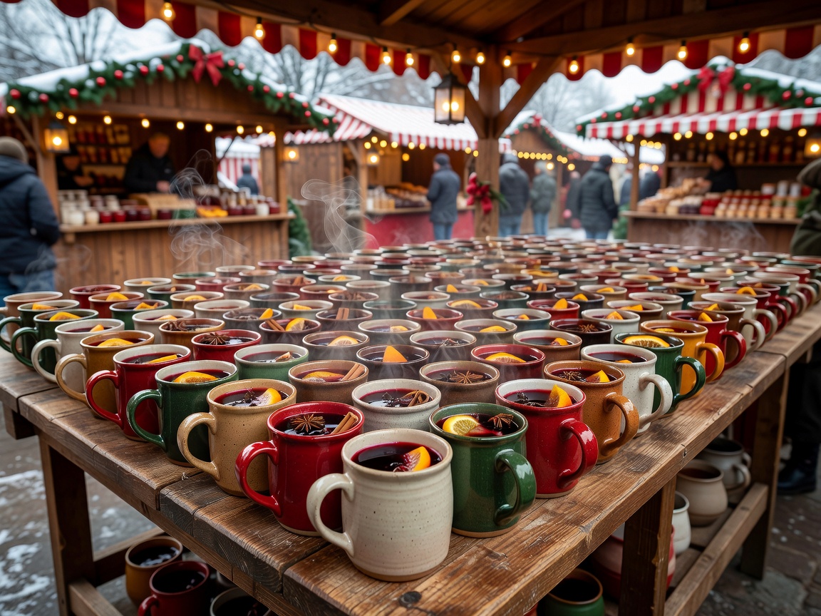 Rows of ceramic mugs of mulled wine lined up on a wooden Christmas market stall counter