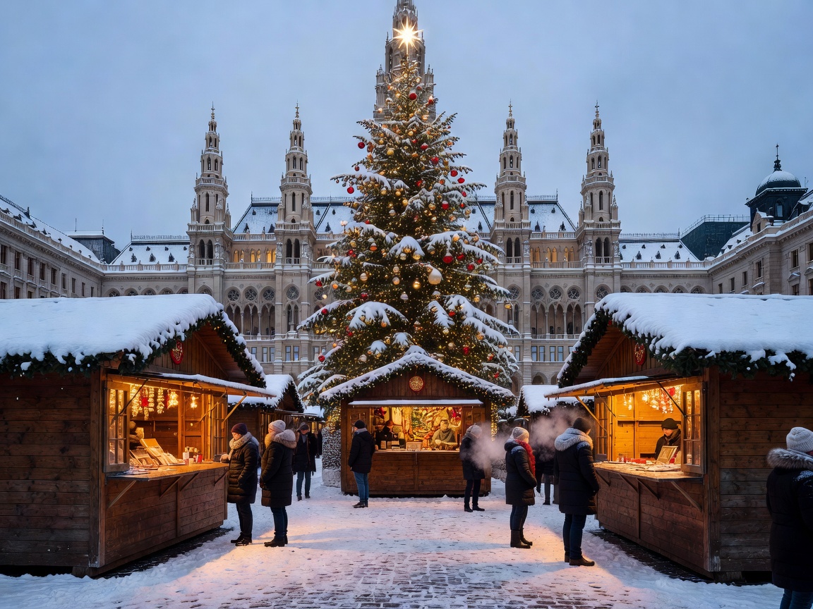Snow-dusted wooden stalls and a large lit Christmas tree at Vienna's Rathausplatz market